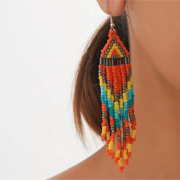 Handmade Native American-Style Beaded Tassel Fashion Earrings Orange - Picture 5 of 5